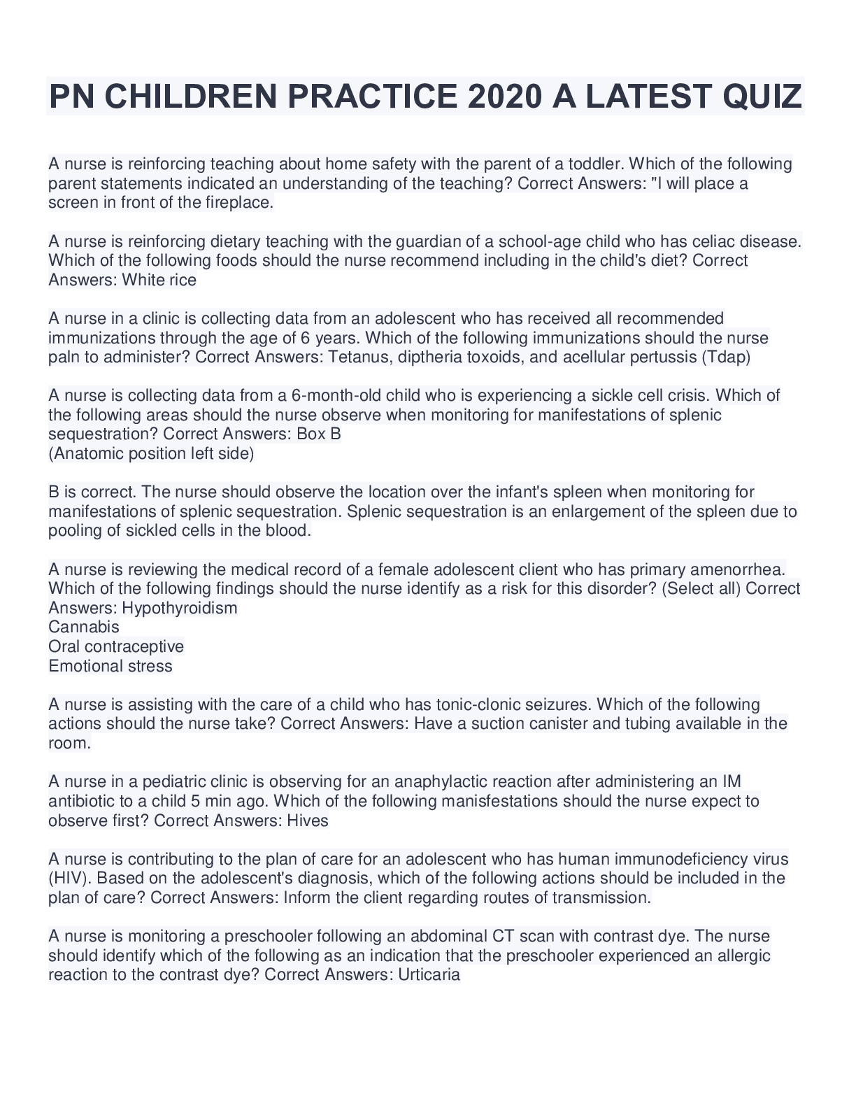 Preview image for PN CHILDREN PRACTICE 2020 A LATEST QUIZ COMPLETE SOLUTION WITH QUESTIONS AND ANSWERS